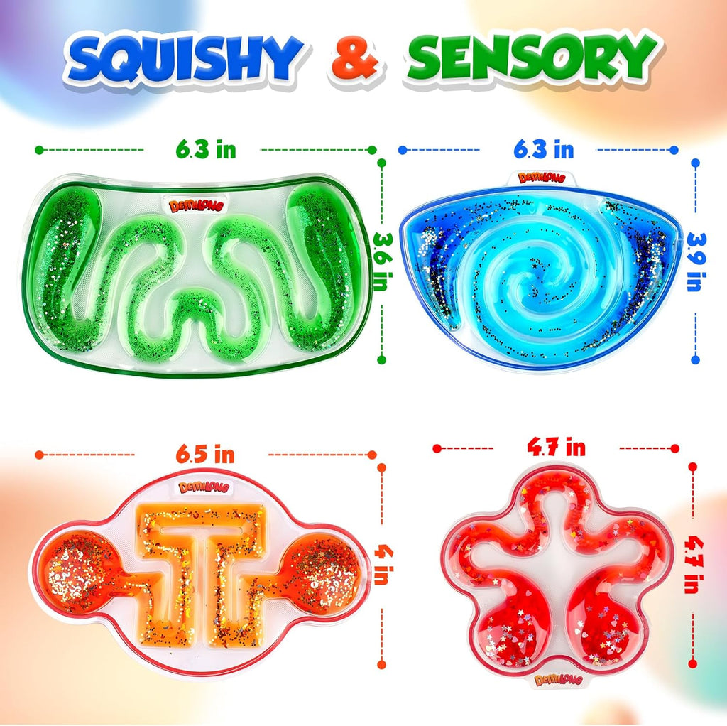 Squishy Sensory Toys for Kids - 4 Pack Fidget Toy Sensory Maze for Autism - Stress Anxiety Relief Toys for Calm down - Squeeze Fidget Toy Filled Goo, Glitter, Prizes for Kids Classroom