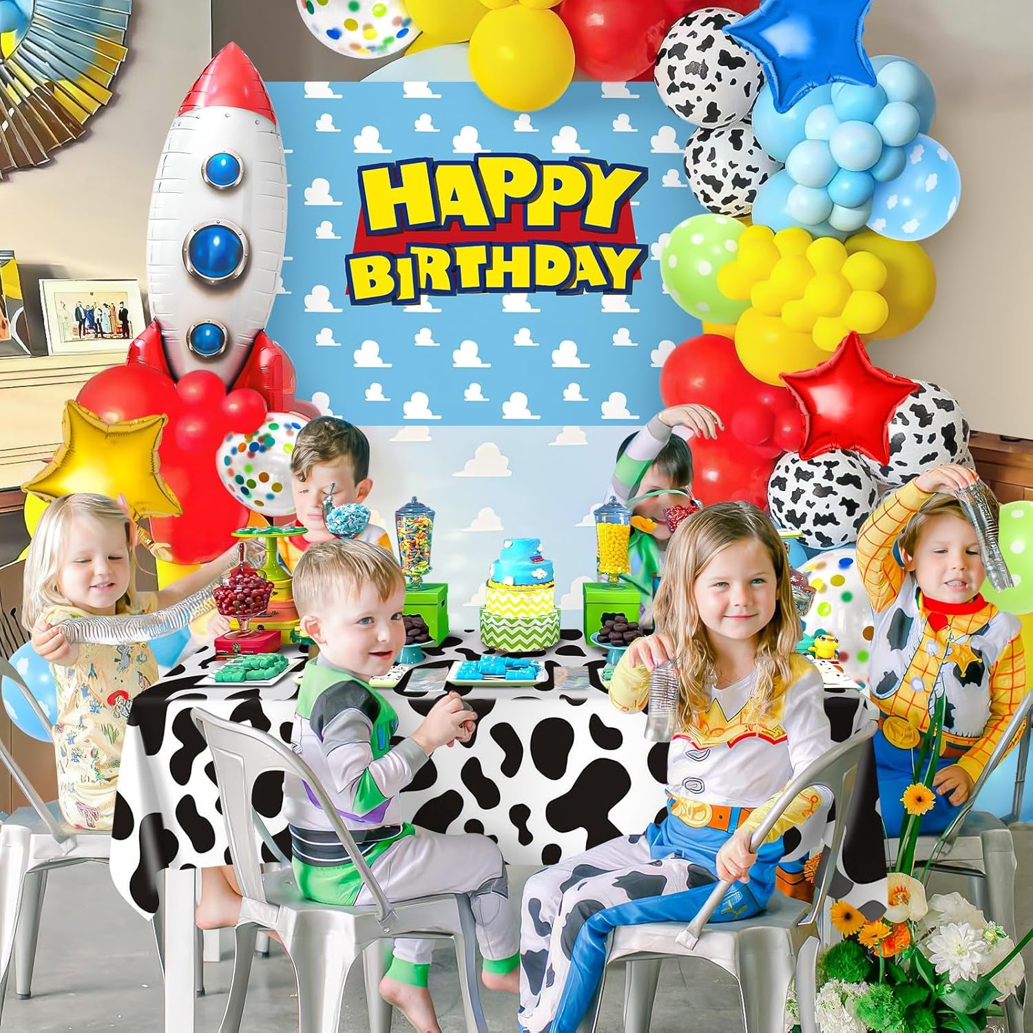 154Pcs Toy Inspired Story Birthday Party Decorations Supplies for Kids Teen, Balloon Arch with Backdrop Tablecloth Cow Print Balloons Star Rocket, Cartoon Game Girls Boys Birthday Party Decor