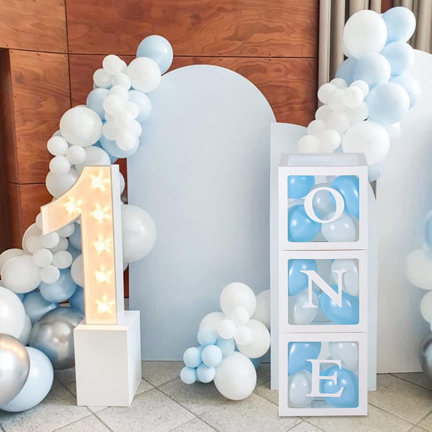 1St Birthday Party Decoration Boxes for Boys & Girls, 3 Pcs White Balloon Boxes with ONE Letter for Baby Shower, Balloon Blocks for First Birthday Decorations