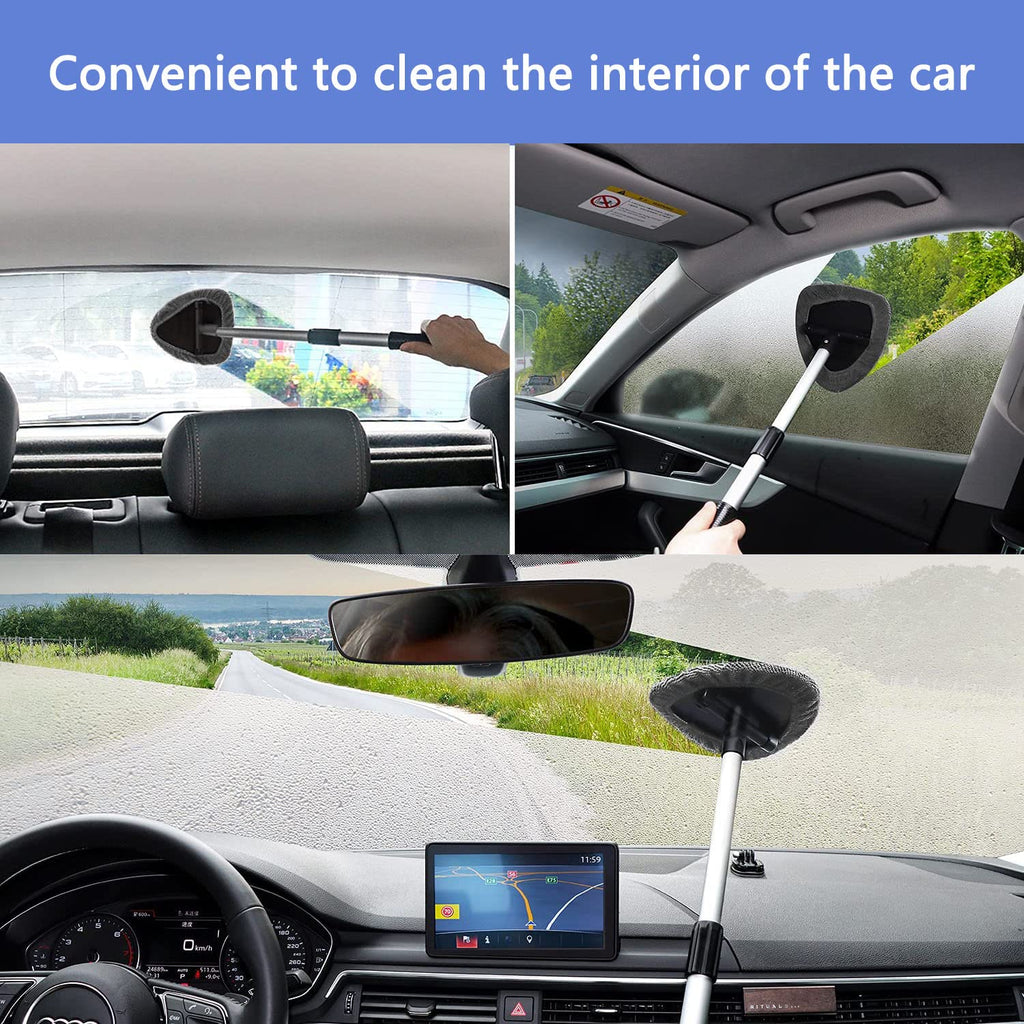 Car Windscreen Cleaner Tool, Glass Screen Cleaner Kit, Window inside Cleaning Brush with 4 Reusable and Washable Microfiber Pads, with Extendable Handle, Gray