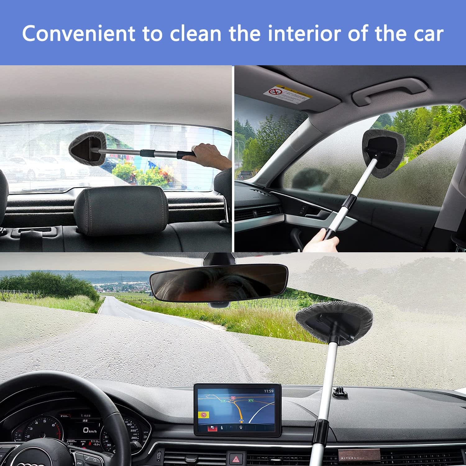 Car Windscreen Cleaner Tool, Glass Screen Cleaner Kit, Window inside Cleaning Brush with 4 Reusable and Washable Microfiber Pads, with Extendable Handle, Gray