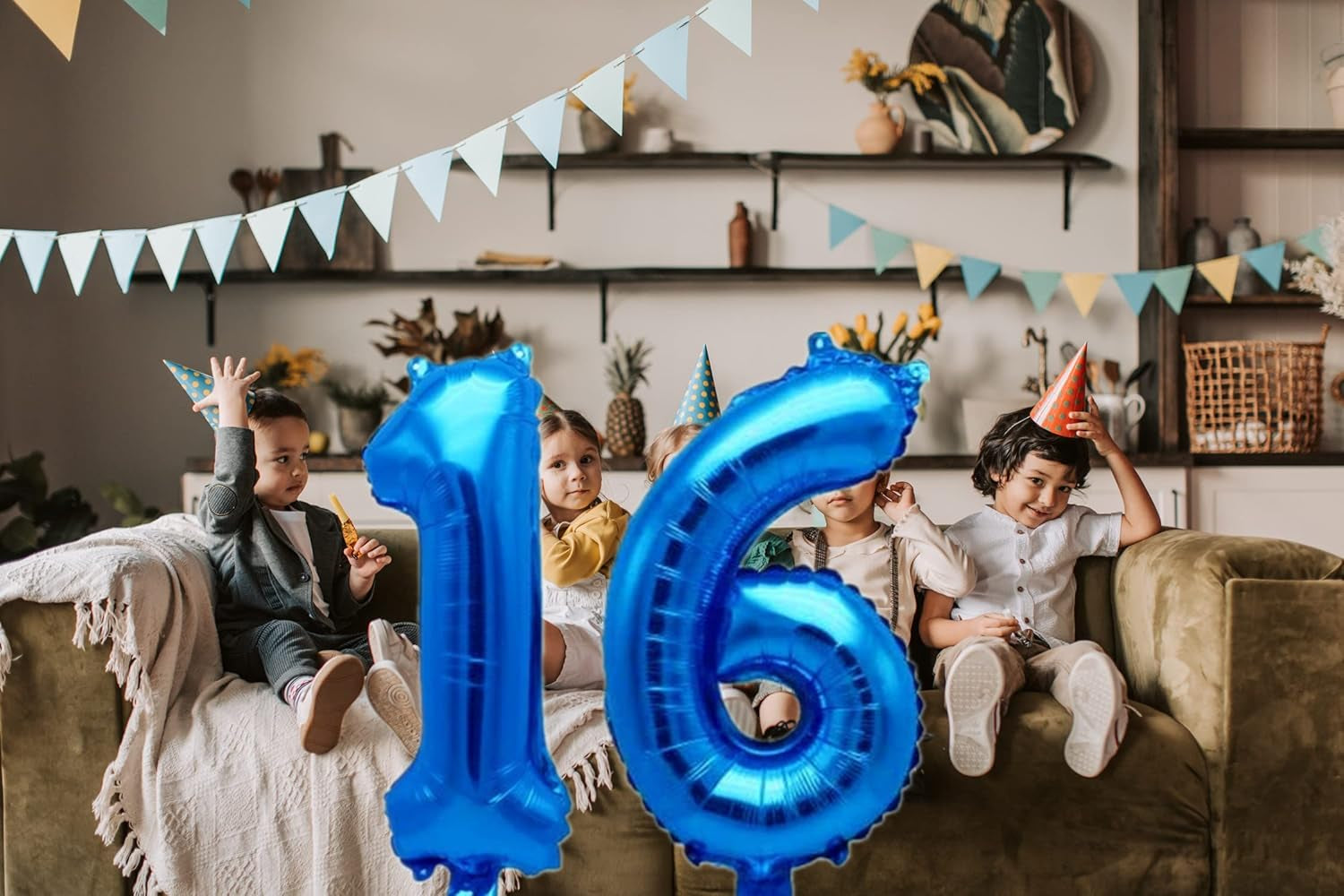 16Th Birthday Decorations for Boys Girls,32In Number 16 Birthday Foil Balloons with Swirl Decorations Happy Birthday Banner and Star Foil Balloons 10PCS Confetii and Latex Balloons Blue