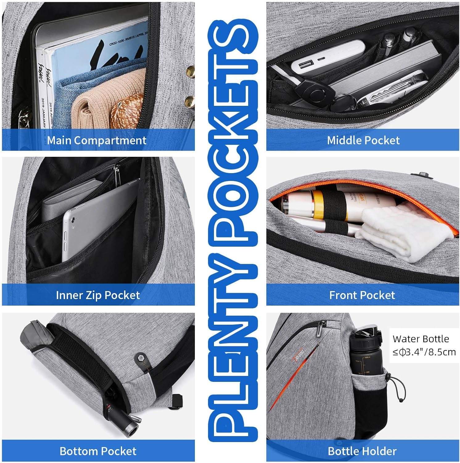 Sling Backpack, 8 Pockets Sling Bag Crossbody, 19L Large Sling Bag for Men Travel Crossbody Backpack Hiking Outdoor