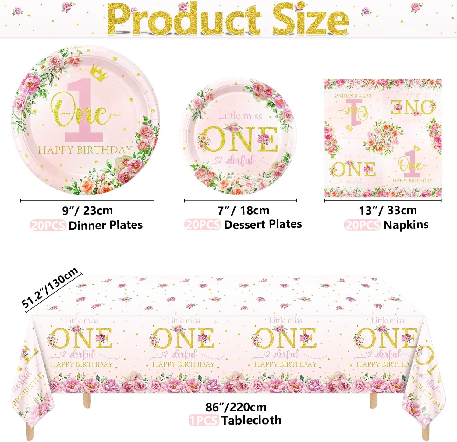 Floral 1St Birthday Party Decorations for 20 Guests, Include Little Miss Onederful Paper Plates, Happy 1St Birthday Tablecloth, Napkins, 1St Birthday Supplies for Girls First Birthday Party Decor