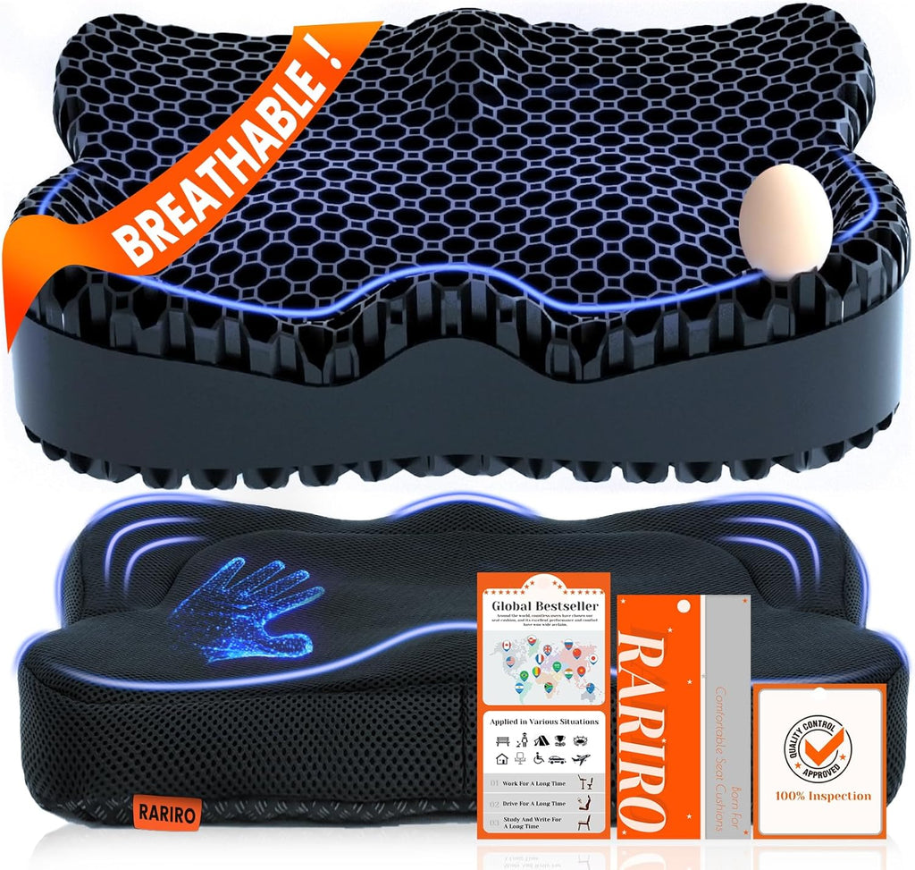 Gel Seat Cushion, Pressure Cushion for Coccyx Sciatica, Honeycomb Office Chair Soft Sitter Cushion Desk Chair Cushion for Long Sitting, Ergonomic Car Wheelchair Seat Cushions Car Double Thick