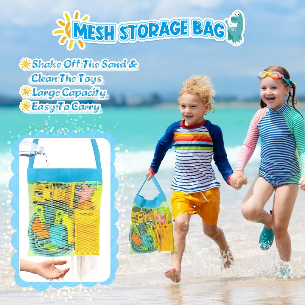 Beach Toys, 31Pcs Sand Toys, Sandbox Toys with 2 Truck 2 Collapsible Sand Bucket, Shovel Set, Sand Castle Kit, Animal Dinosaur Molds Etc. Mesh Bag, Travel Toys for Kids Toddlers Boys Girls