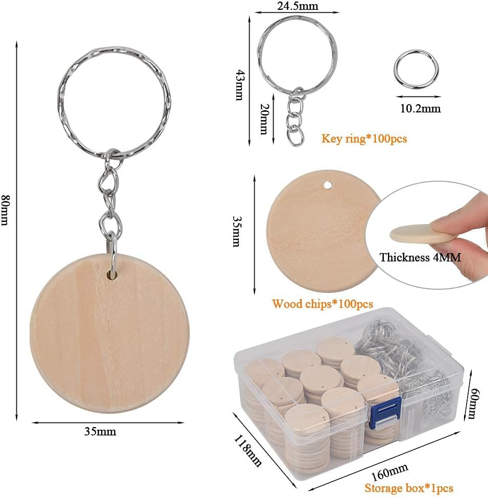 100Pcs Natural Wood Slices, 35Mm Unfinished Predrilled Log Discs Wooden Circles with 100Pcs Key Rings and a Box for DIY Crafts, Unfinished round Circles for Christmas Decorations Ornaments