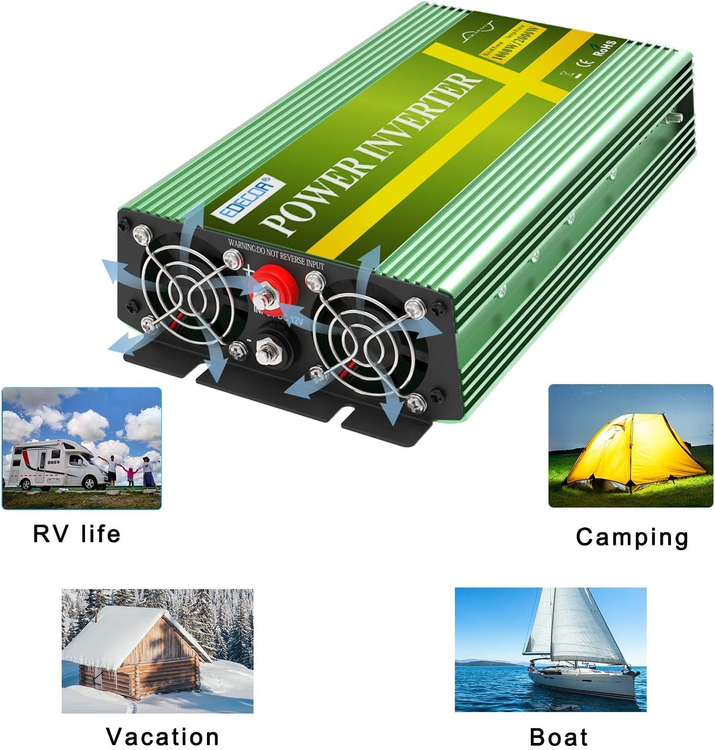 1500W Power Inverter DC 12V to 240V AC - Car Power Converter 3000W Peak with 2 USB Ports, UK Outlets, Remote Controller and Cooling Fan