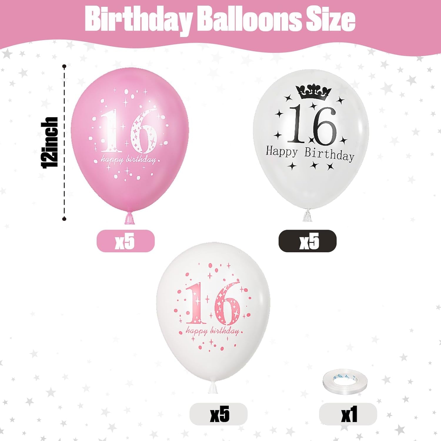 Sweet 16 Birthday Decorations for Girls, Pink White Happy 16Th Birthday Party Latex Balloons, 15 Pieces 16Th Birthday Decorations for Her Kids Age 16 Year Old Birthday Party Decorations Supplies
