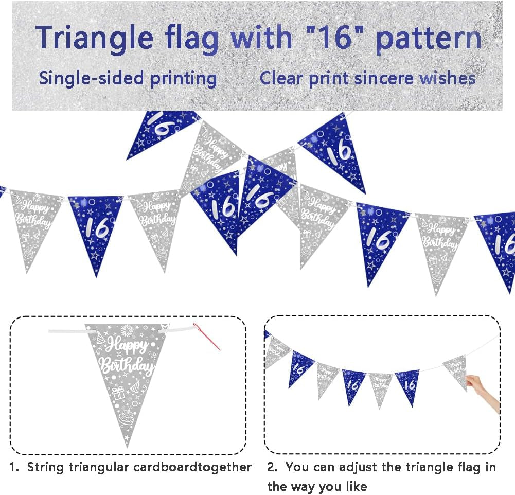 Boys 16Th Birthday Decorations Blue Silver 16Th Birthday Party Decorations 16 Pack Navy Silver Boy Happy 16Th Birthday Banner Bunting Kit by