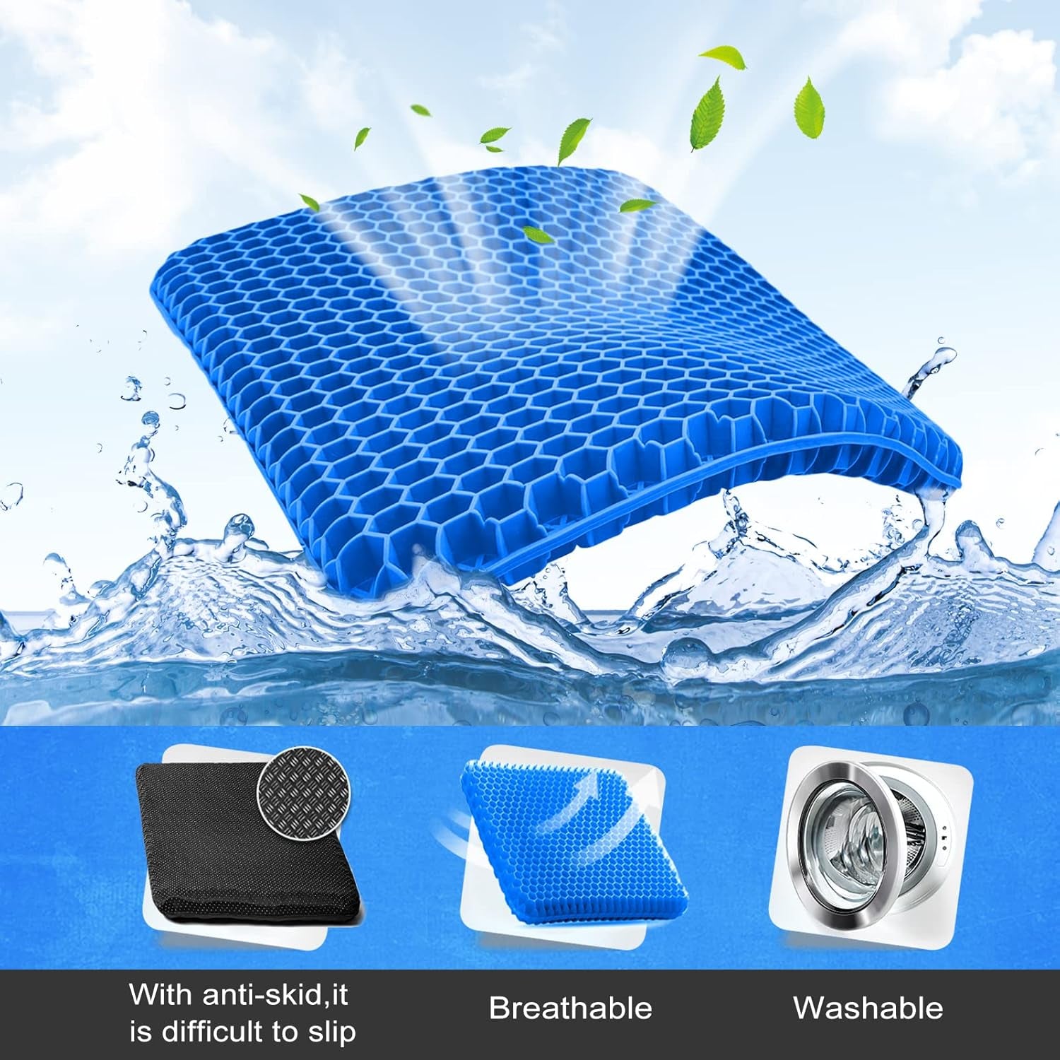 Gel Seat Cushion, Double Thick Breathable Seat Cushion Cool Gel Cushion Honeycomb Design,Breathable Lumbar Support Chair Cushion with Non-Slip,Seat Cushion for Home Office Chair Car Wheelchair