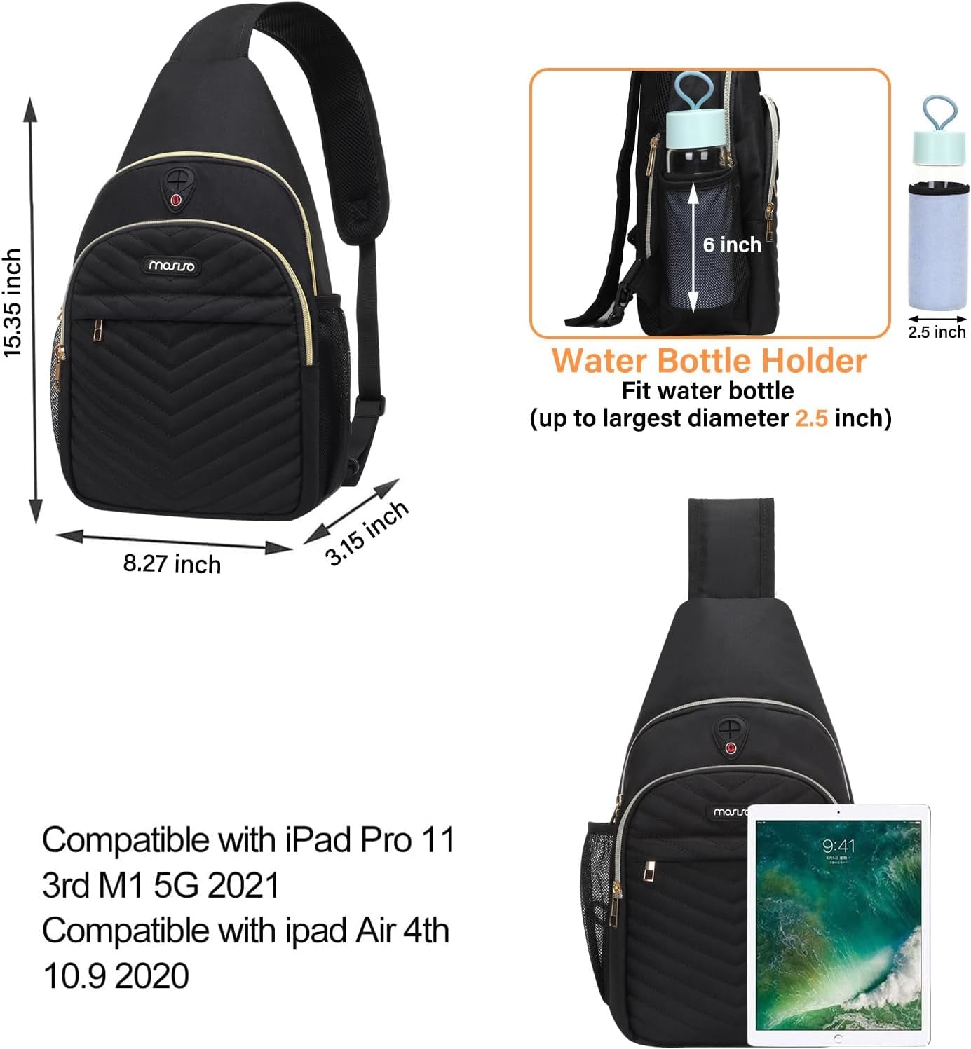 Sling Backpack Small Hiking Daypack, Quilted Crossbody Sling Bag with Removable Strap One Shoulder Chest Bag, Black