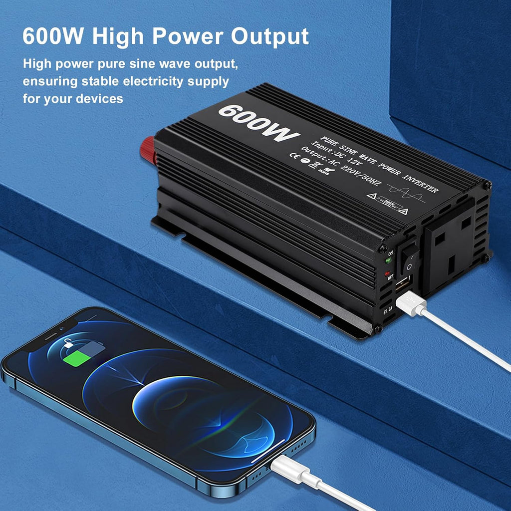 Aluminum Alloy 600W Pure Sine Wave Power Inverter - DC 12V to AC 230V Car Converter with 2 USB Ports and Cigarette Adapter