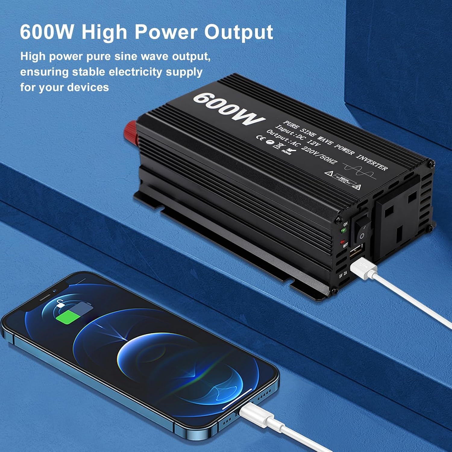 Aluminum Alloy 600W Pure Sine Wave Power Inverter - DC 12V to AC 230V Car Converter with 2 USB Ports and Cigarette Adapter