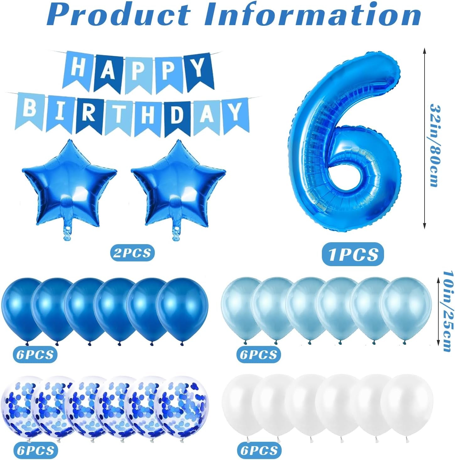 6Th Birthday Decorations for Boys, Number 6 Balloon, Blue Silver 6Th Party Decorations, Happy Birthday Bunting Banner, 32Inch Foil Number 6 Balloons Set for Birthday Party Anniversary Decorations