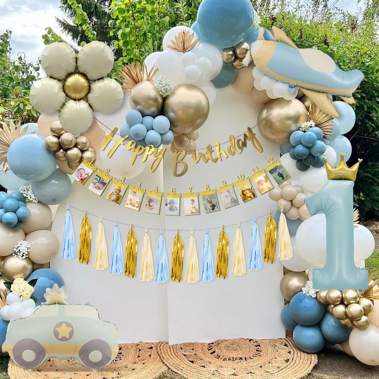 1St Birthday Decorations for Boys with Photo Banner, Blue and Gold Balloons, Number 1 Cake Topper, and Car Balloons