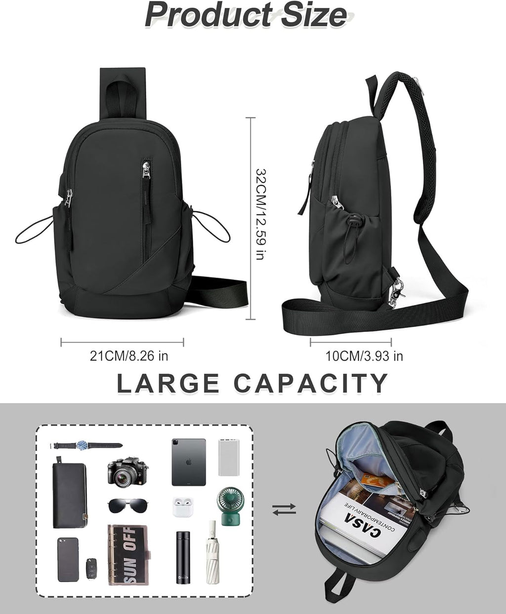 Small Black Sling Crossbody Bag for Men Women, Tactical Backpack Shoulder Daypack Mini Anti-Theft Motorcycle Chest Bags, Small One Strap Backpack for Casual Travel Hiking Outdoor Sports