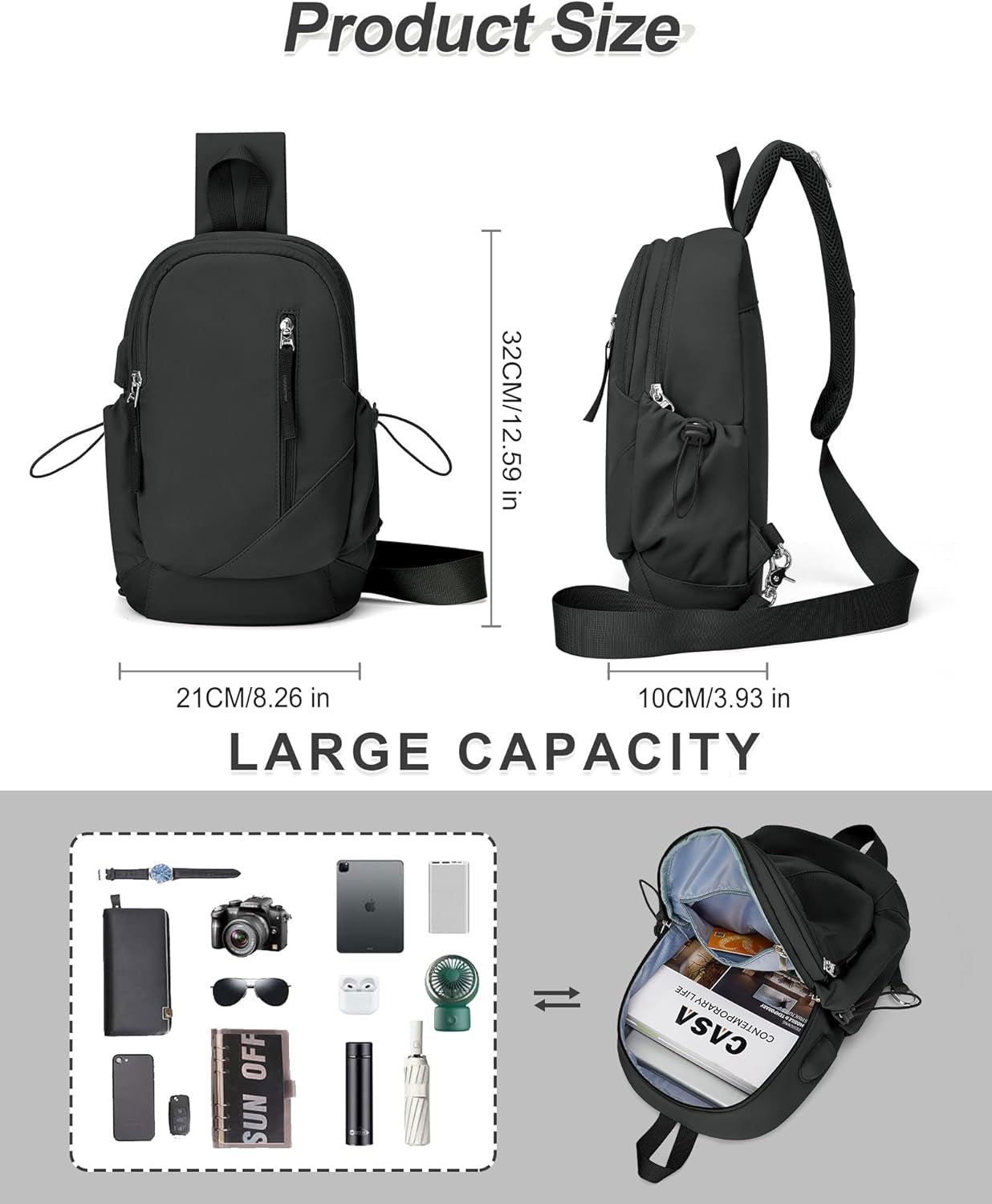 Small Black Sling Crossbody Bag for Men Women, Tactical Backpack Shoulder Daypack Mini Anti-Theft Motorcycle Chest Bags, Small One Strap Backpack for Casual Travel Hiking Outdoor Sports