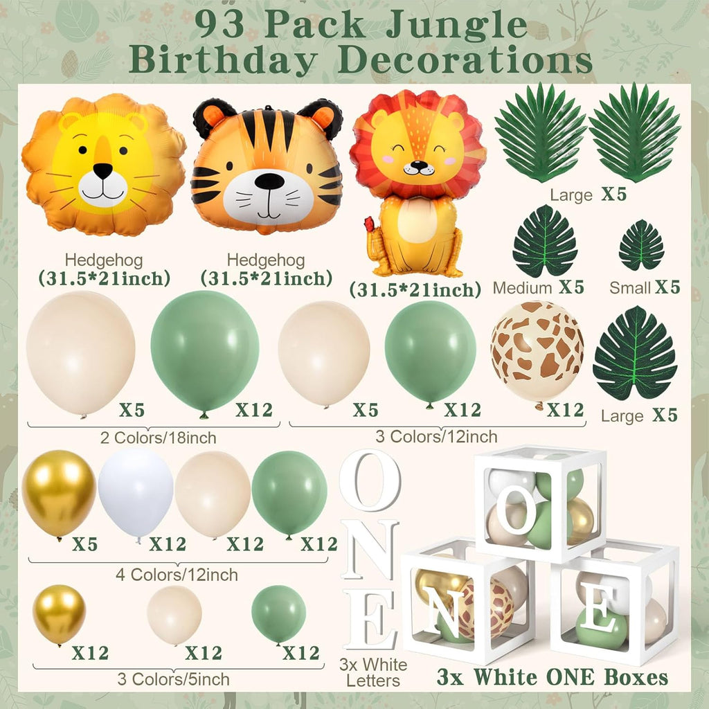 Safari 1St Birthday Decorations for Boys Girls, Wild One Birthday Decorations with Sage Green Balloon Arch Kit Balloon Boxes, Animal Jungle Theme First for Kids (Green)