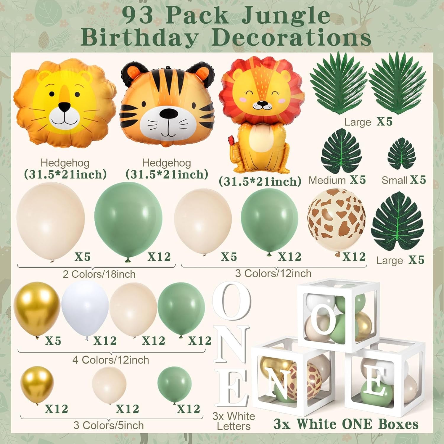 Safari 1St Birthday Decorations for Boys Girls, Wild One Birthday Decorations with Sage Green Balloon Arch Kit Balloon Boxes, Animal Jungle Theme First for Kids (Green)