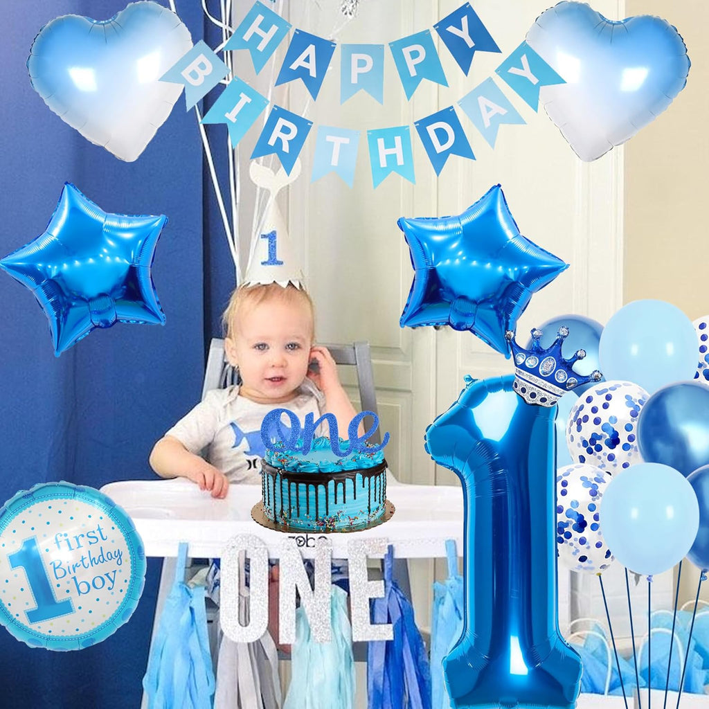 Blue 1St Birthday Decorations Kit - 46 Pieces 1St Birthday Decorations Supplies Happy Birthday Banner Number 1 Balloon Star Foil Balloon Cake Topper Gradient Love Balloon for Boy 1St Party Decoration