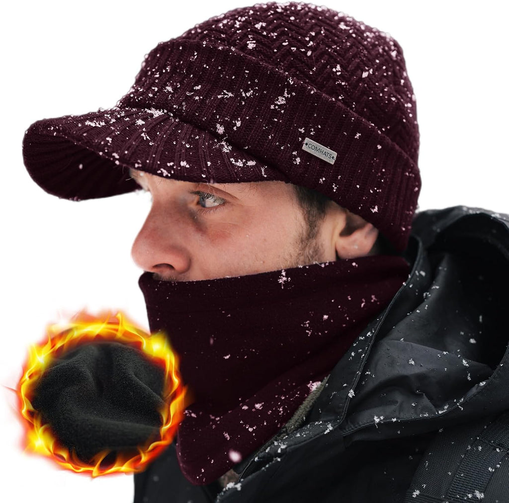 Men'S Winter Wool Peaked Beanie Hat and Ski Snood Set, Wool Visor Beanie Hat with Fleece Neck Warmer Set - Stay Warm and Stylish