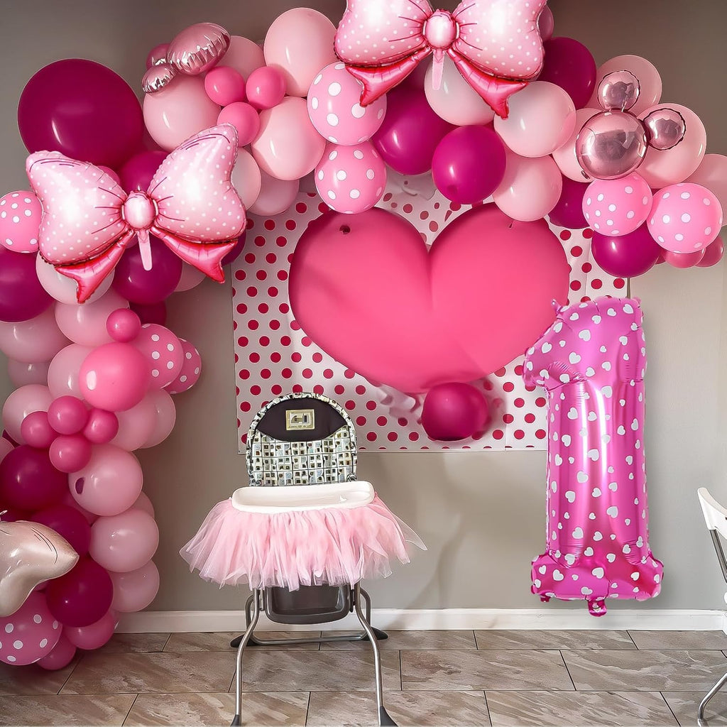 Pink Mouse 1St Birthday Balloons Decorations, Hot Pink Rose Polka Dots Balloons Arch Kit, Huge Bow Foil Balloons, Pink Number 1 Balloon Tower for Baby Shower Girls Princess Mouse 1St Theme Party