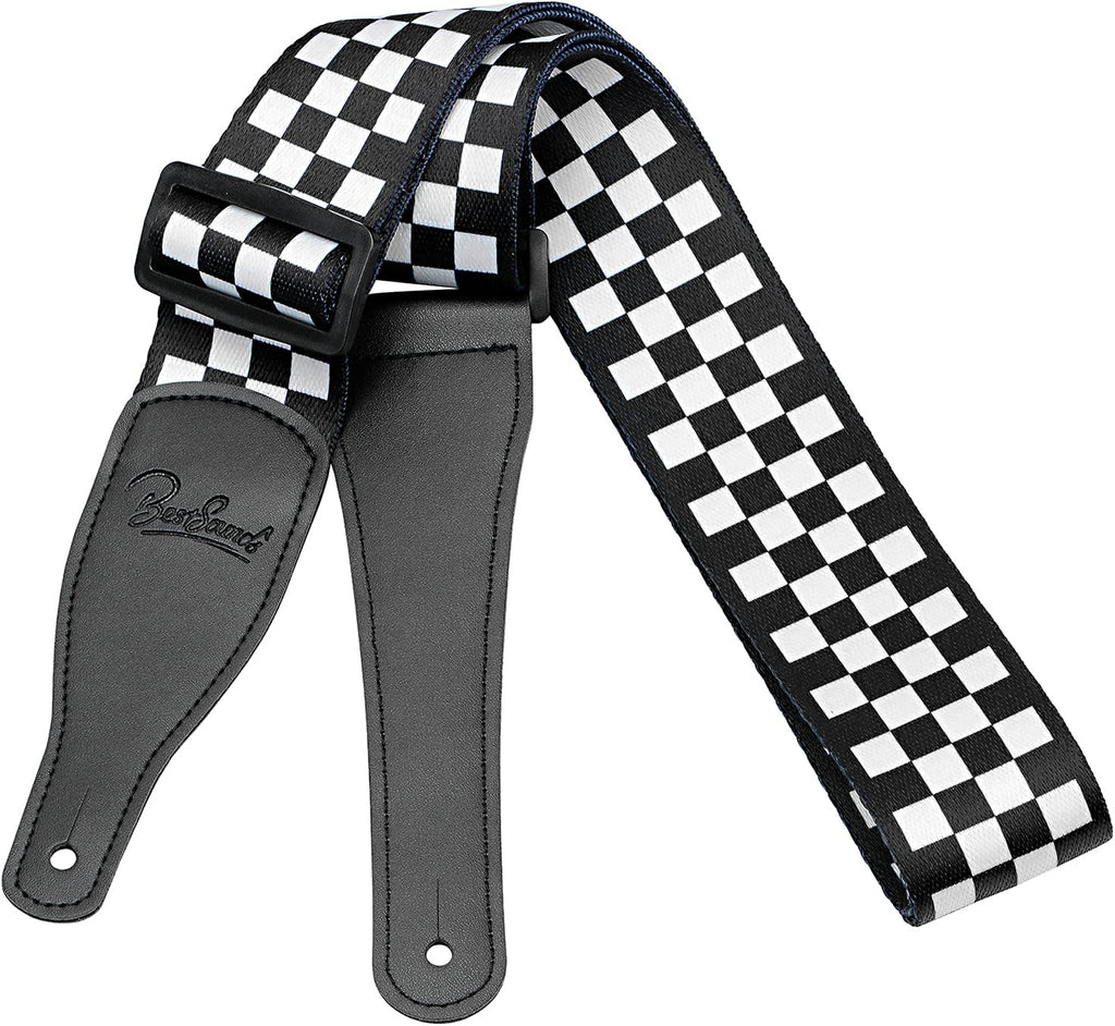 Checkerboard Guitar Strap & Leather Ends Guitar Shoulder Strap, Suitable for Bass, Electric & Acoustic Guitars (Black and White Checkered)