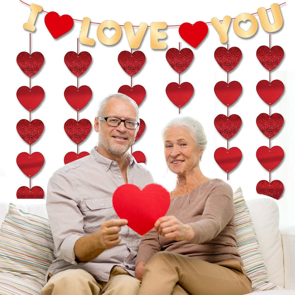 Valentines Day Decorations Kit 1000 Pcs Red Rose Petals 10 Pcs Heart Balloons 6 PCS Heart Garland I Love You Felt Garland Banner Table Runner for Valentines Day Decor Wedding Anniversary Engagement