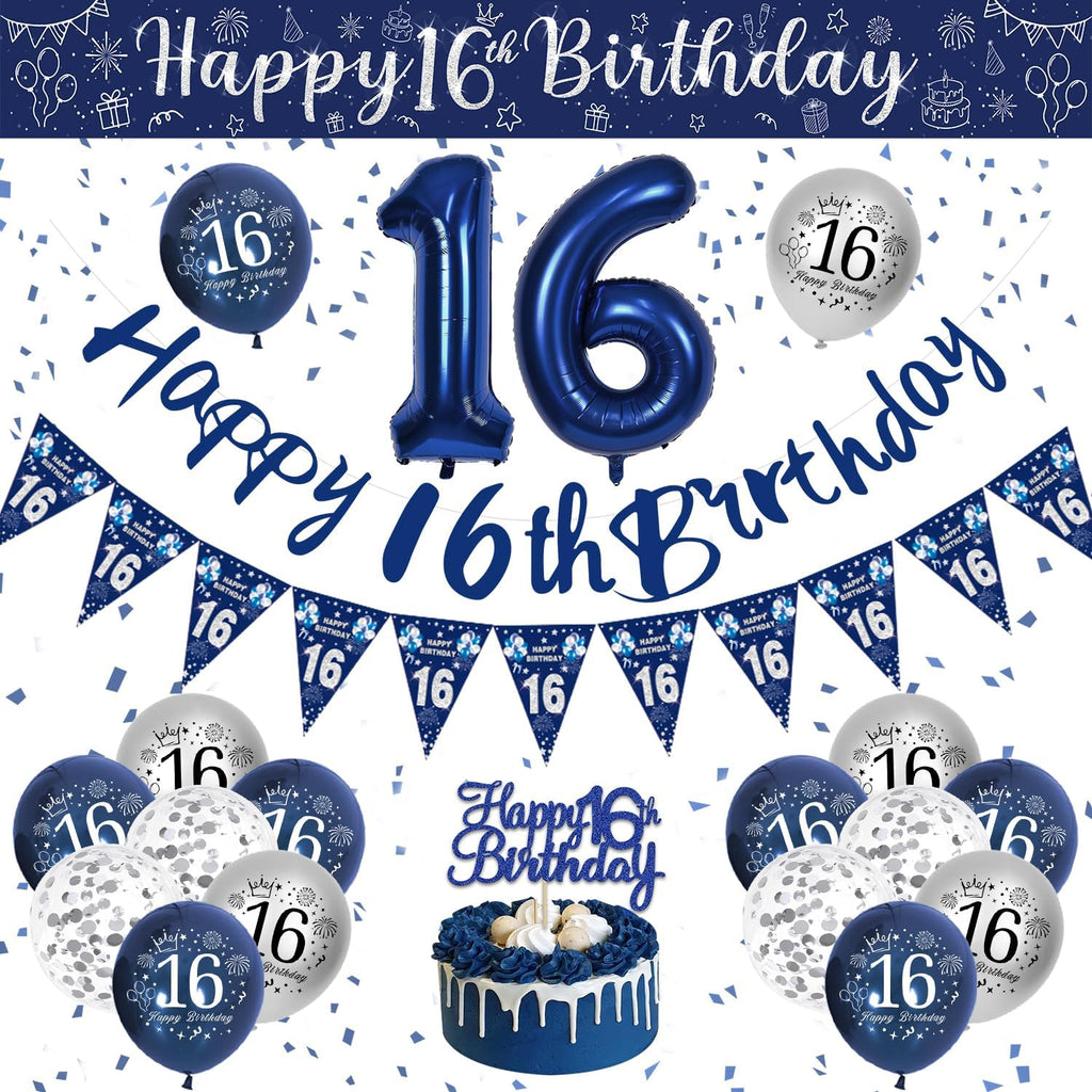16Th Birthday Decorations Boys, Blue and Silver Happy 16Th Birthday Banner, Navy Blue and Sliver 16Th Birthday Balloons, Confetti Balloons 16Th Party Decorations for Boy, 16Th Birthday Party Supplies