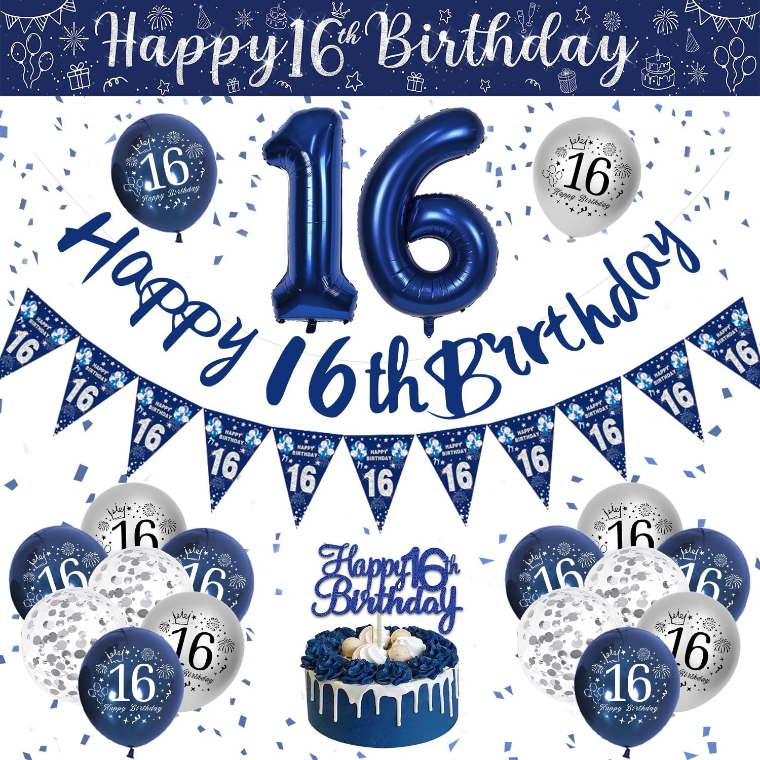 16Th Birthday Decorations Boys, Blue and Silver Happy 16Th Birthday Banner, Navy Blue and Sliver 16Th Birthday Balloons, Confetti Balloons 16Th Party Decorations for Boy, 16Th Birthday Party Supplies