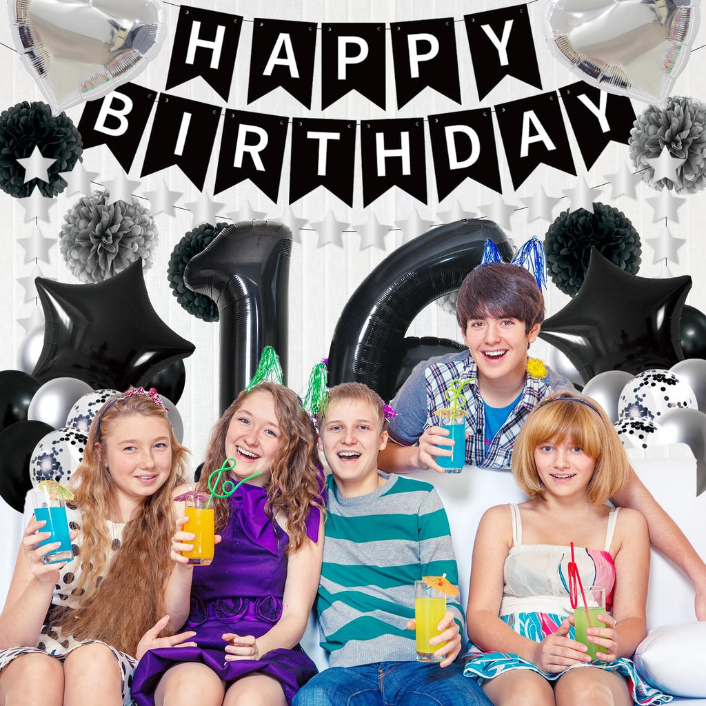 16Th Birthday Decorations Boys Girls - 45PCS Black Silver 16Th Bday Balloons Decorations Set Happy Birthday Banner and Foil Star Balloons Supplies