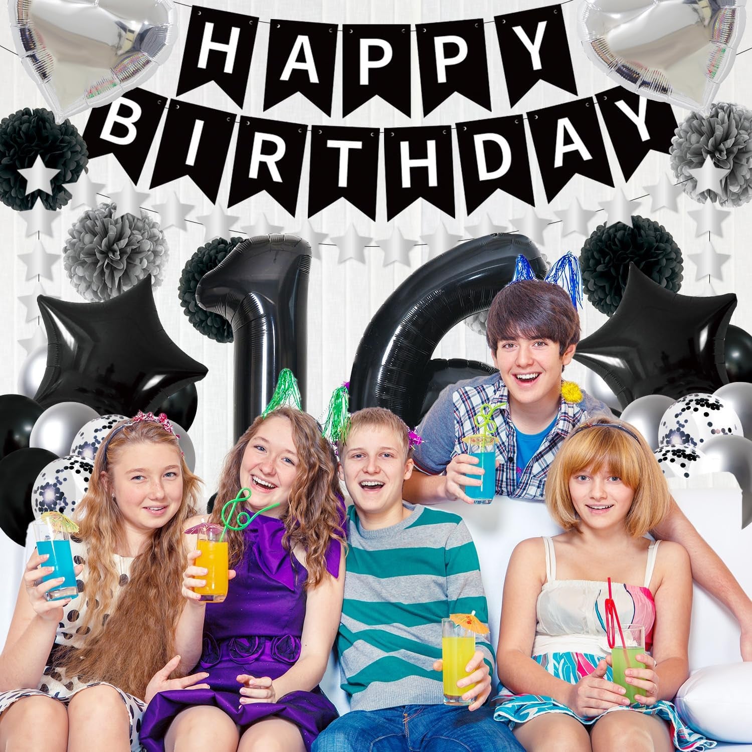 16Th Birthday Decorations Boys Girls - 45PCS Black Silver 16Th Bday Balloons Decorations Set Happy Birthday Banner and Foil Star Balloons Supplies