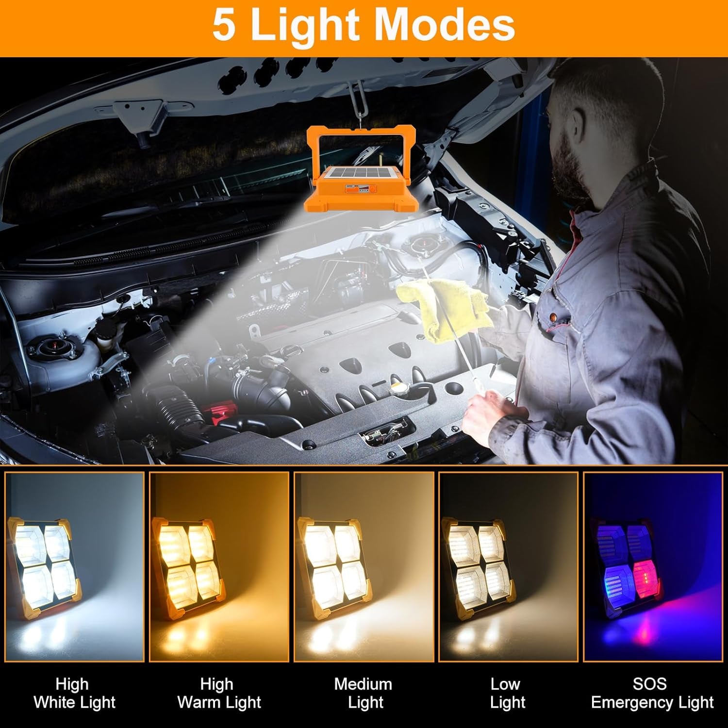 100W Portable Rechargeable Work Lights, 348 Leds Solar Flood Lights Outdoor with USB IP66 Waterproof 12000MAH 5000LM 4 Light Modes and Magnetic Suction for Yard, Garage, Fishing, Hiking