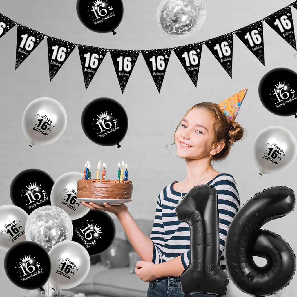 16Th Birthday Decorations Silver, Happy Birthday Backdrop Banner 16Th Birthday Bunting Black Silver Girls, Black 16 Foil Balloon Confetti Balloons for Sweet Sixteen 16 Years Birthday Party