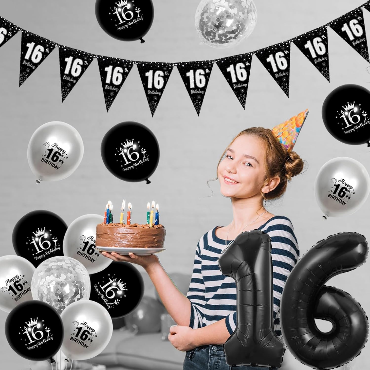 16Th Birthday Decorations Silver, Happy Birthday Backdrop Banner 16Th Birthday Bunting Black Silver Girls, Black 16 Foil Balloon Confetti Balloons for Sweet Sixteen 16 Years Birthday Party