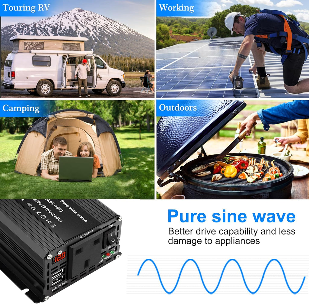 Pure Sine Wave 2000W Power Inverter DC 12V to 240V AC 1 UK Socket 2 USB Ports with LED Dispaly Cigarette Converter
