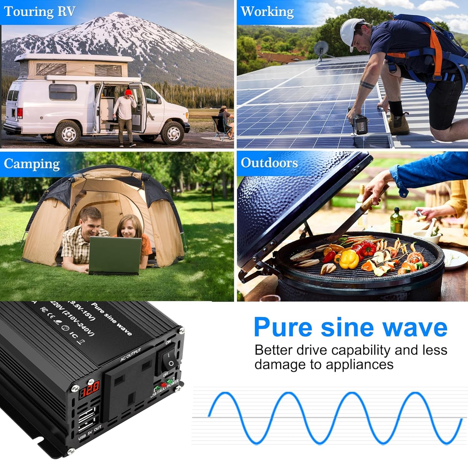 Pure Sine Wave 2000W Power Inverter DC 12V to 240V AC 1 UK Socket 2 USB Ports with LED Dispaly Cigarette Converter