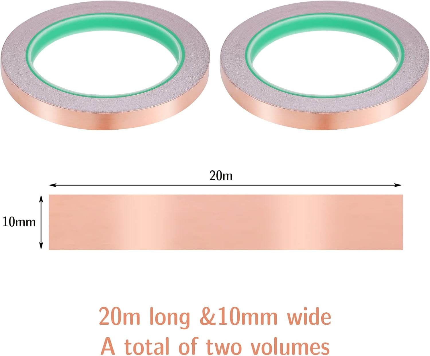 2 Rolls Copper Tape Slug Repellent Tape, 20M X 10Mm, Self Adhesive Dual Conductive Tape, Copper Foil Tape for Shielding & Guitar Repairs,Soldering,Electrical Repair,Stained Glass,Diy Crafts