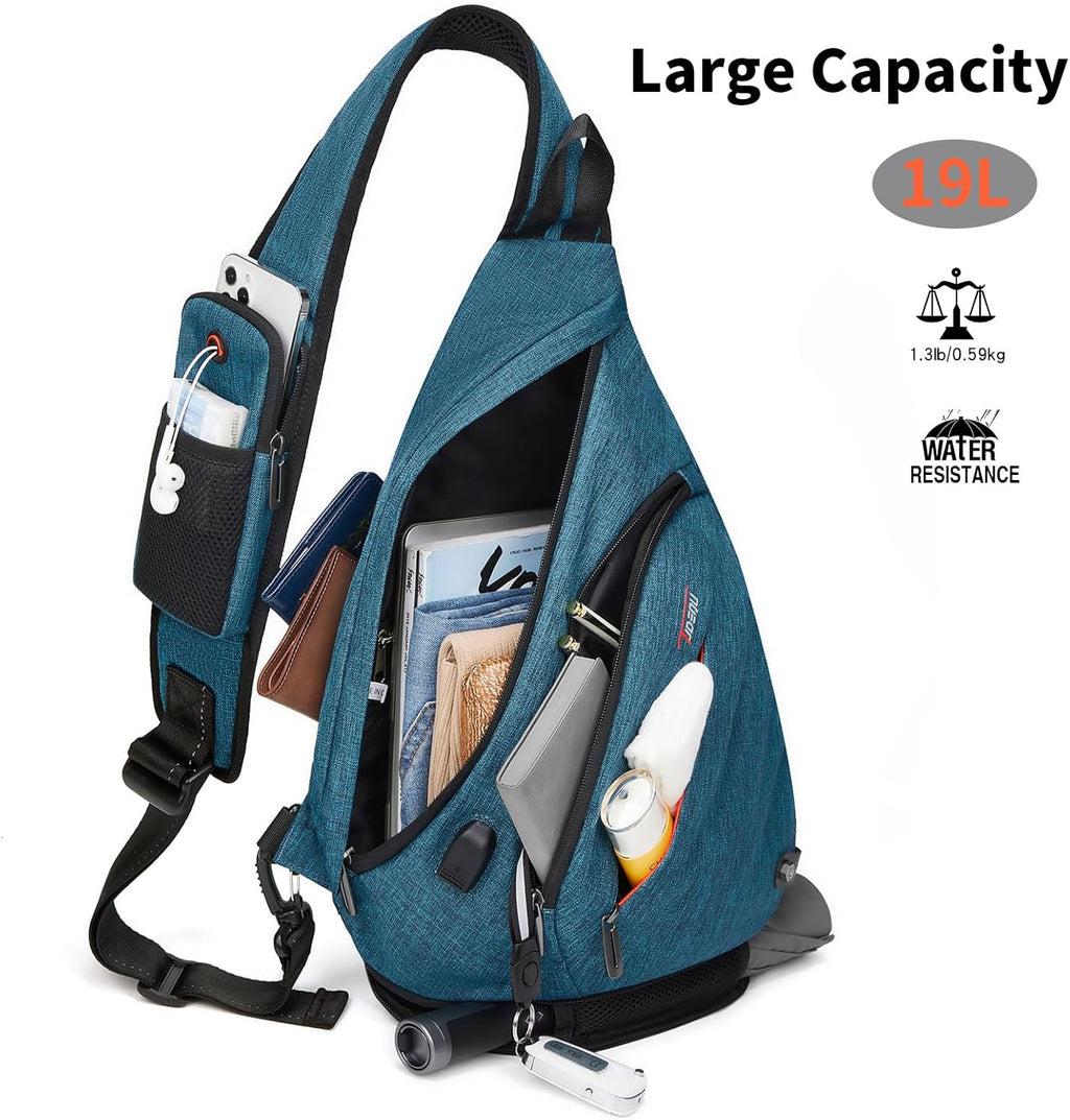 Sling Backpack, 8 Pockets Sling Bag Crossbody, 19L Large Sling Bag for Men Travel Crossbody Backpack Hiking Outdoor