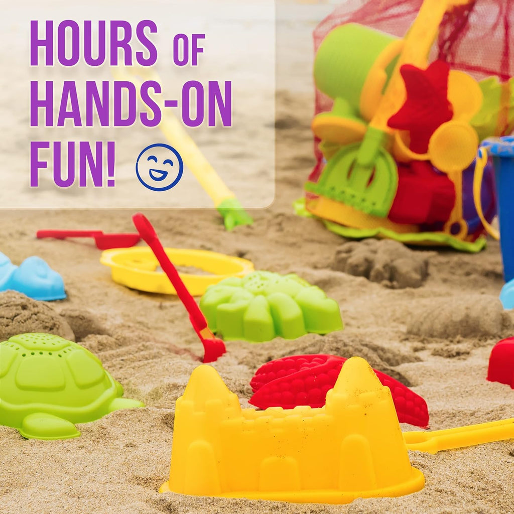 Beach Toys for Kids 3-10 - 18Pc Sand Toys Including Sand Buckets for Kids with Sifter, Watering Can, Rake, 4 Hand Tools, 10 Sand Molds & Mesh Beach Toy Bag - Sandbox Toys for Toddlers