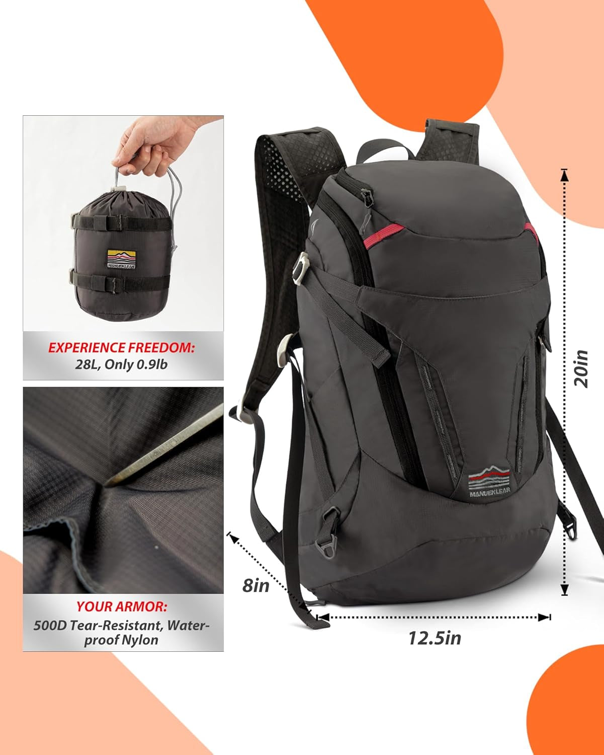 MANUEKLEAR 28L Small Hiking Backpack Men, Packable Backpack Outdoor Waterproof Backpack for Women and Men, Lightweight Backpack for Travel Daypack