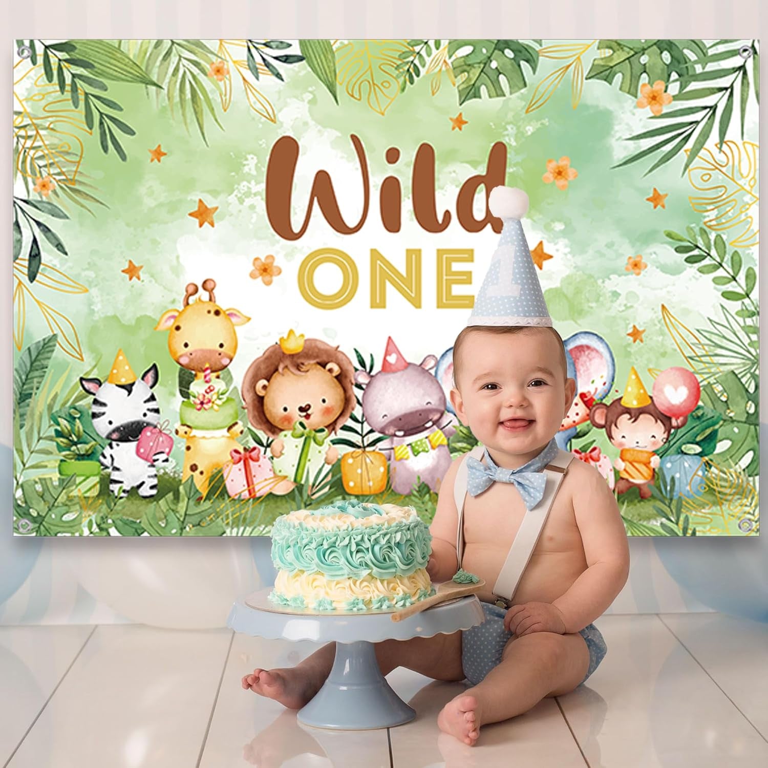 Wild One Birthday Decorations Backdrop - Happy 1St Birthday Decoration Banner for Boys Girls, Jungle Animal First Party Photo Background, Kids Cartoon Animal Theme Banners Poster(180 X 120 CM)