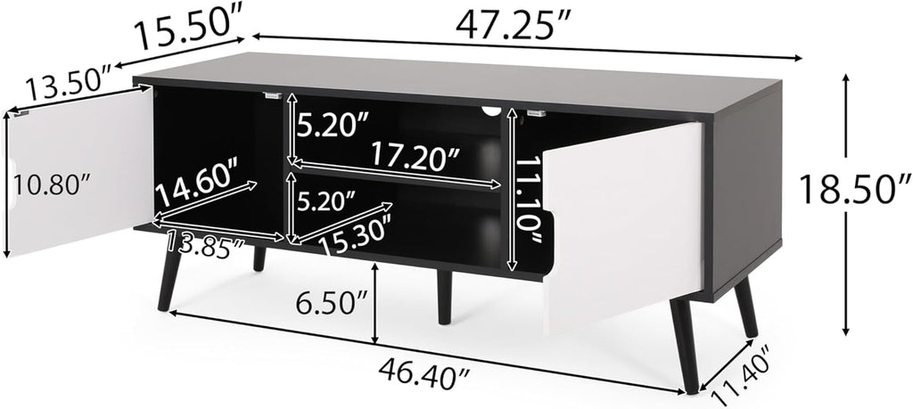 Lena TV Stand with 2 Doors and 2 Shelves, Black, White