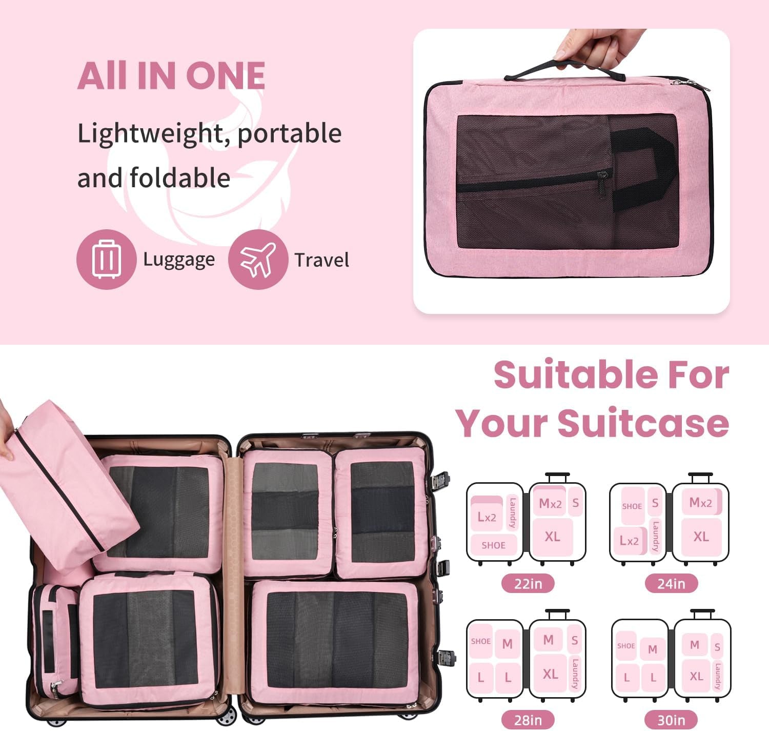 8 Set Compression Packing Cubes for Suitcases, Full Open & Visible Design, Luggage Organizer Bags Set for Carry On, Travel Essentials Travel Gifts for Women with Laundry Bag and Shoe Bag