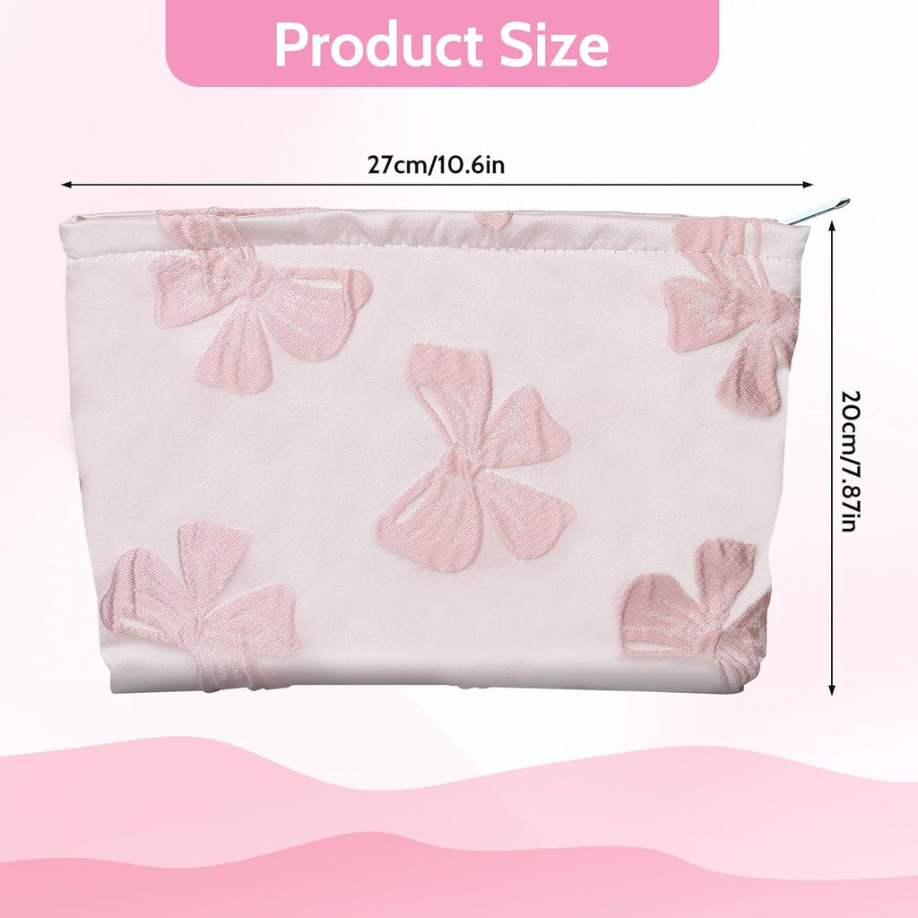 Makeup Bag Large Capacity Elegant Bow Preppy Cosmetic Bag Aesthetic Design Canvas Zipper Organizer Pouch Cute Roomy Pink Portable Toiletry Bag for Women Girls Travel Storage Accessories