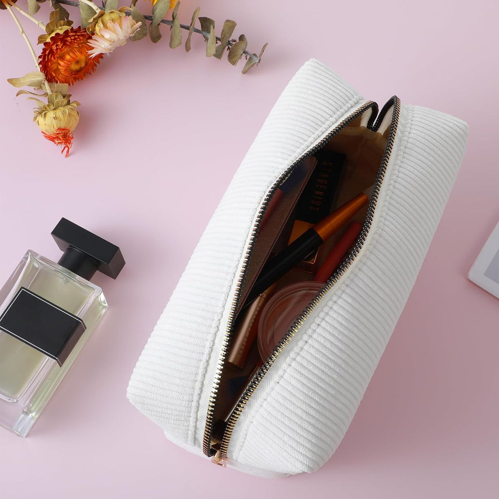 Makeup Bag Travel Cosmetic Bag, White Stripes Makeup Pouch for Women Travel Makeup Organizer Bag, Small Plush Make up Pouch Purse Cosmetic Bags Toiletry Skincare Bag