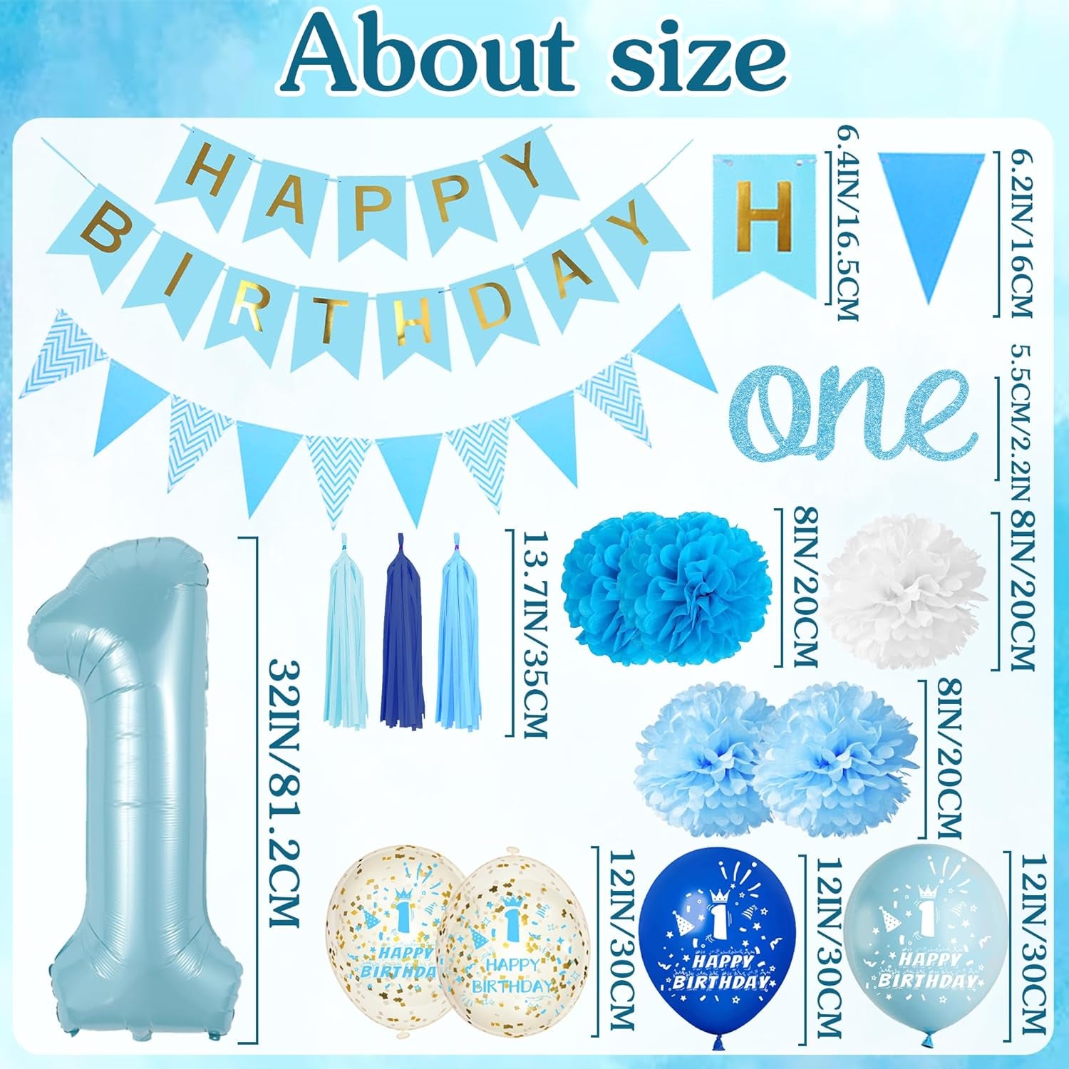1St Birthday Decorations for Boys Blue - First Balloons Happy Birthday Banner One Cake Topper Number 1 Balloon Tassel, Tissue Paper Pom Poms Decoration for 1 Year Old Baby Boy Party Celebration