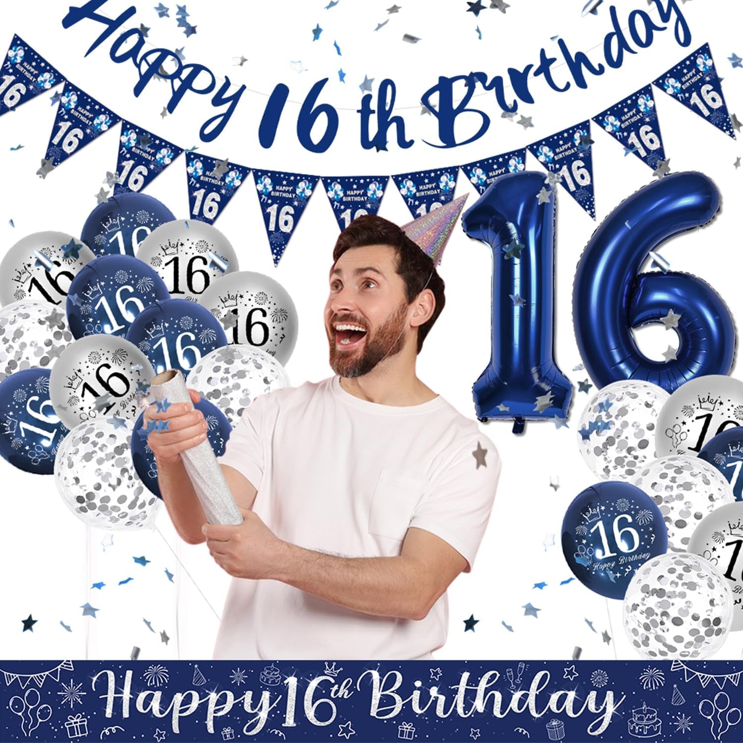 16Th Birthday Decorations Boys, Blue and Silver Happy 16Th Birthday Banner, Navy Blue and Sliver 16Th Birthday Balloons, Confetti Balloons 16Th Party Decorations for Boy, 16Th Birthday Party Supplies