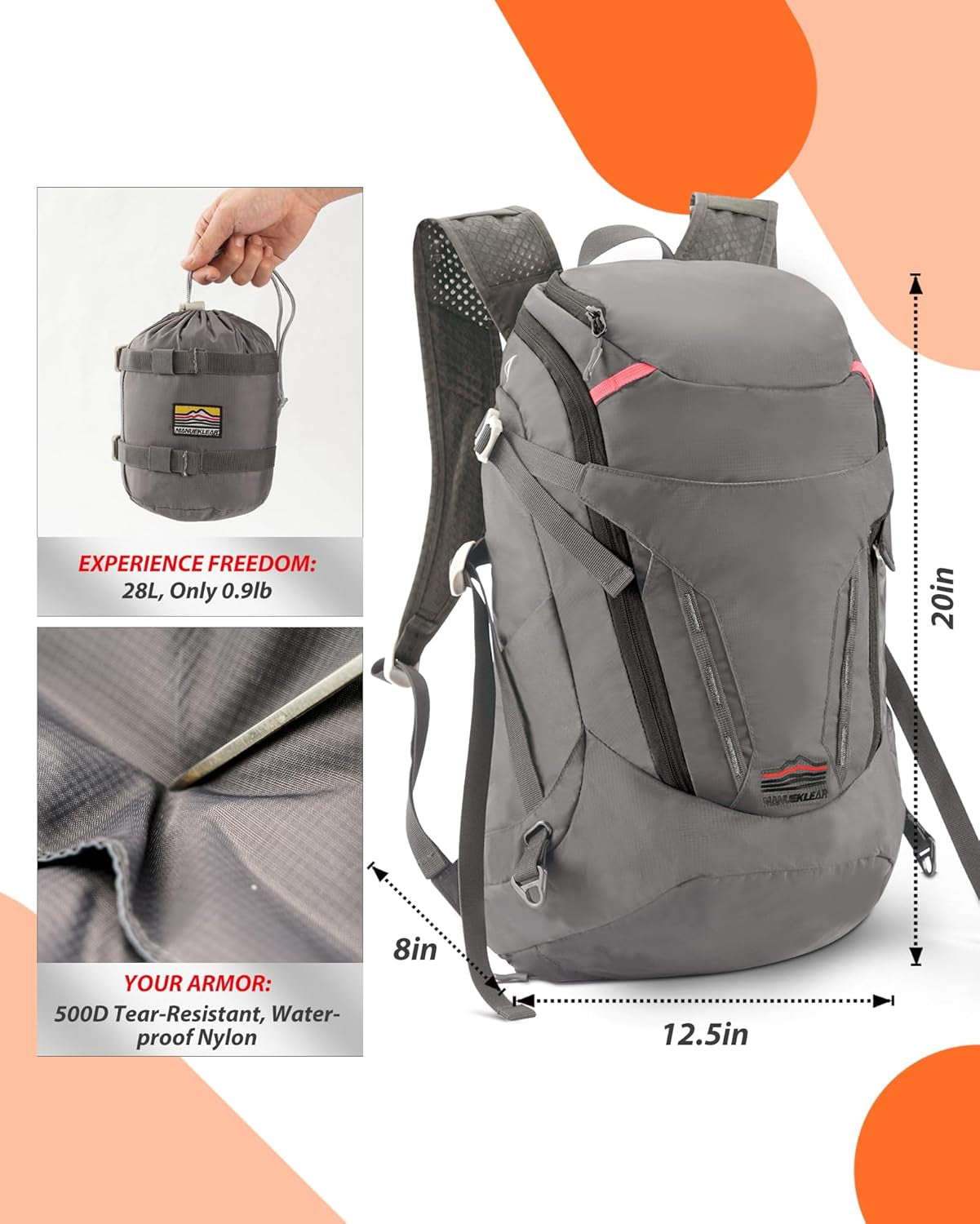 MANUEKLEAR 28L Small Hiking Backpack Men, Packable Backpack Outdoor Waterproof Backpack for Women and Men, Lightweight Backpack for Travel Daypack
